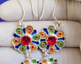 Morocco Marokko sterling silver earrings enamel with glass bead ethnic tribal Christmas gift jewelry