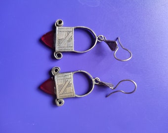 Morocco Tuareg Silver Ingall Cross,Red Glass Earrings