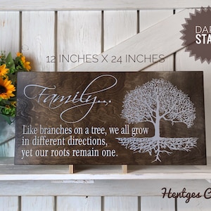 Family like branches on a tree wood sign in different directions yet our roots remain one, family tree