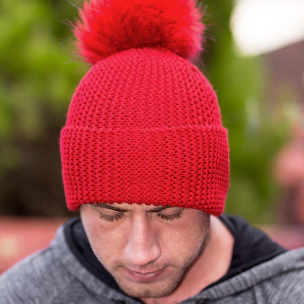 Mens, Hat Slouchy, Red, Long Slouchy, Beanie, Red Large pom pom Hat, Hand Knit, Bobble Hat, 100% Merino, sideways Knit,  Soft, Gift for him