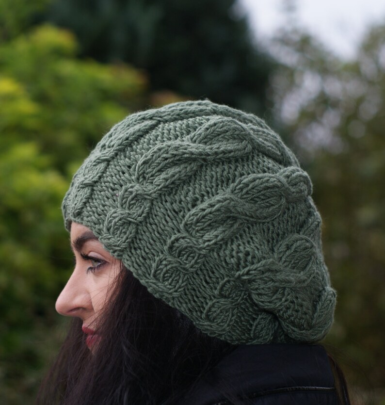 Beret Perfect Christmas Gift, Hand Knit Soft women hat 100/% Merino Green Winter Beanie Accessories Warm Cables Chunky Slouchy