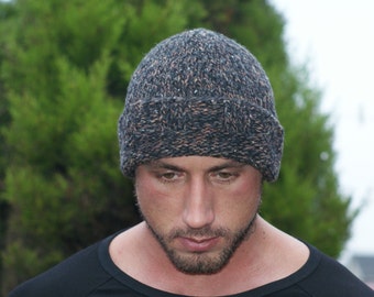 Men Slouchy Hat, Cashmere, Brown Tweed, Filatura di Crosa, Black Cashmere, Knit,  Men Slouchy Hat, Winter Hat, Gift for Him, Christmas Gift