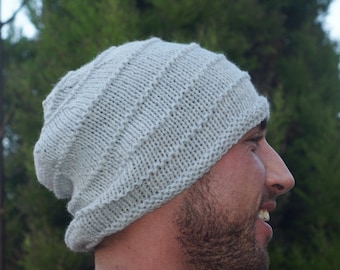 Men Grey Hat, Light Grey, Slouchy Grey Hat, Gray knit Hat, Grey Hat, Acrylic, Gift for him, Dark Grey,  Hand knitted. Valentine Gift.