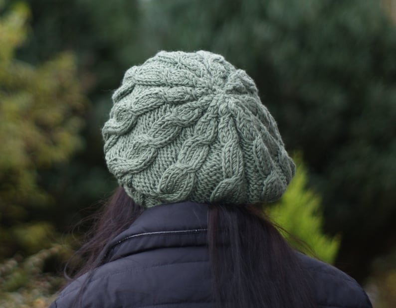 Beret Perfect Christmas Gift, Hand Knit Soft women hat 100/% Merino Green Winter Beanie Accessories Warm Cables Chunky Slouchy