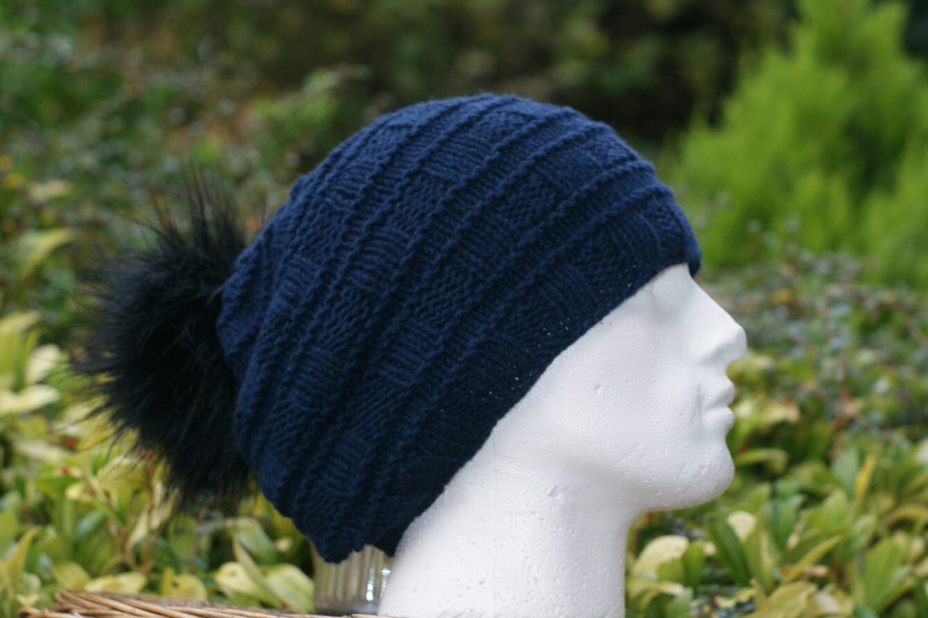 Men Cashmere Hat, Navy, Long Mens Hat, Blue, Slouchy, Cashmere, Bobble