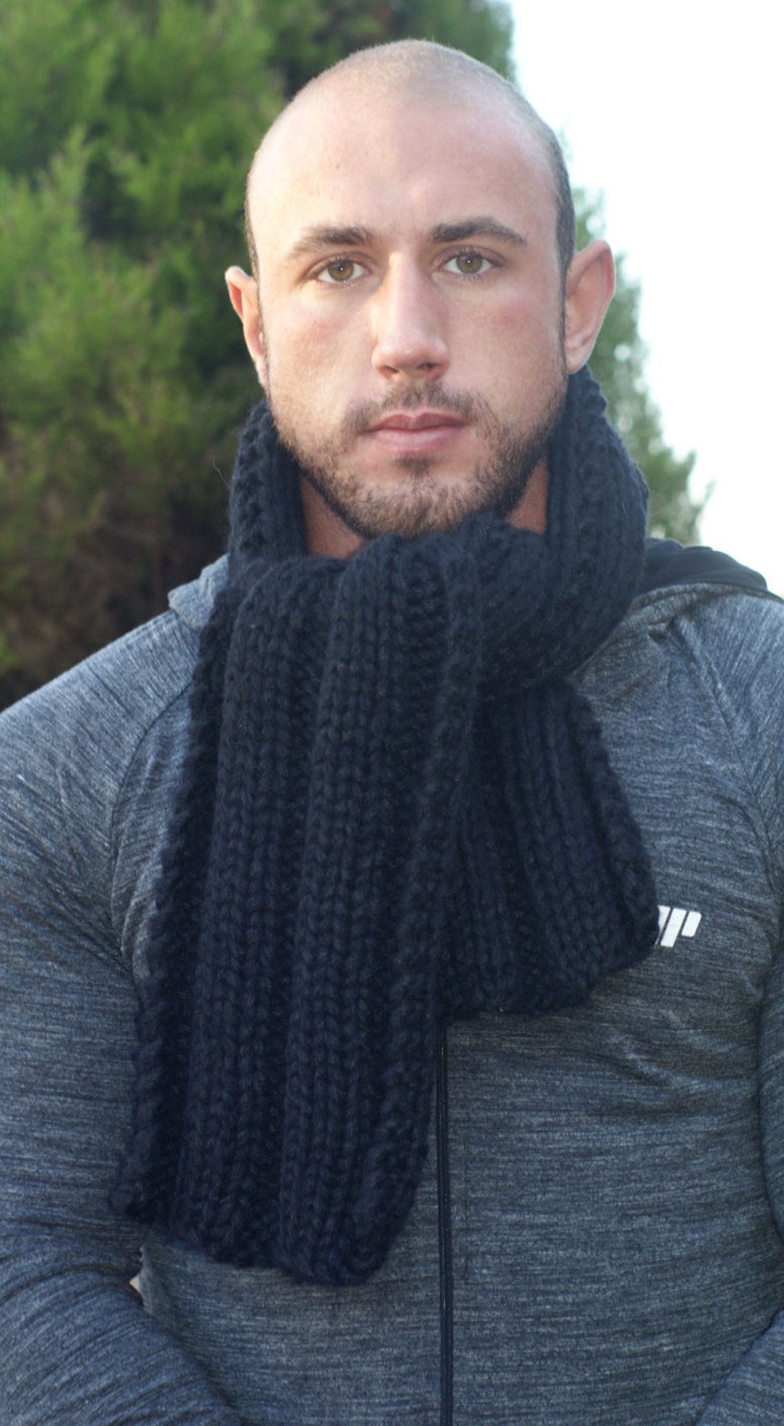 Men Scarf Black, Chunky Knit Scarf, Italian Acrylic, Black Men's Scarf