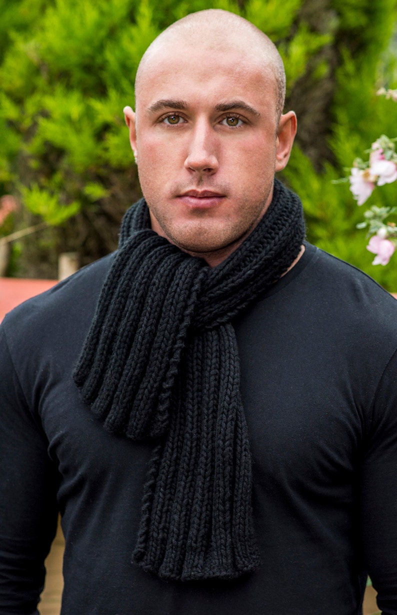 Men Scarf Cashmere, Black, Italian Cashmere, Black men's Scarf, Classic Knit, Gift for Him, Hand Knitted Scarf, winter Scarf, 100% Cashmere. image 1