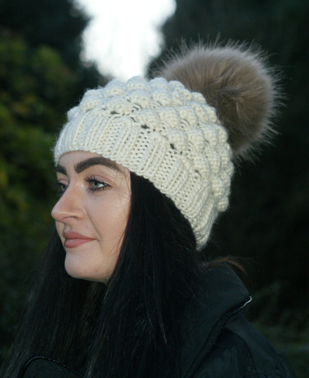 Women Cream Hat Hand Knit Pom Pom Hat Winter White Etsy UK