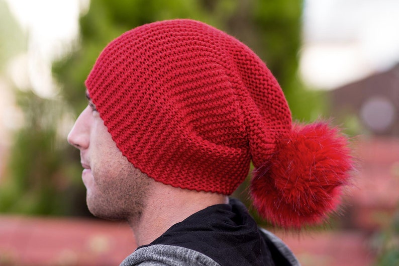 Mens, Hat Slouchy, Red, Long Slouchy, Beanie, Red Large Pom Pom Hat