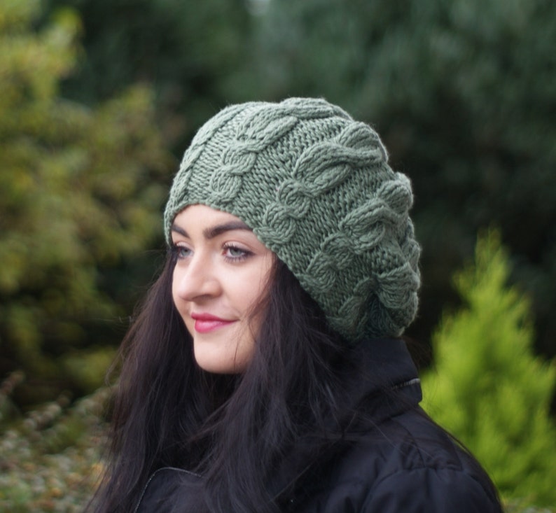 Beret Perfect Christmas Gift, Hand Knit Soft women hat 100/% Merino Green Winter Beanie Accessories Warm Cables Chunky Slouchy