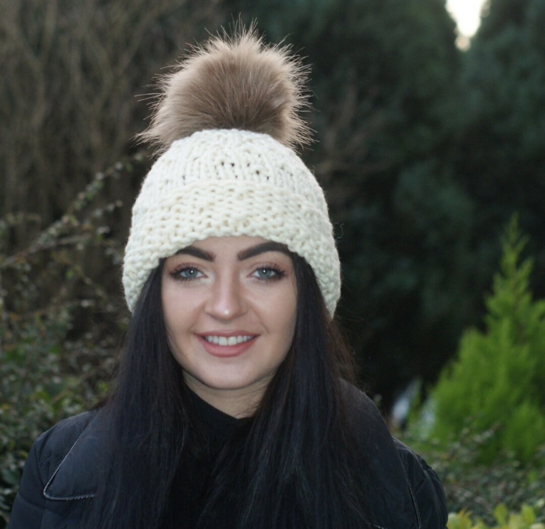 Chunky Knit Hat, Women Hat, Faux Pom Pom, Slouchy, Cream, off White