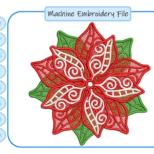 May include: Machine embroidery file of a red poinsettia with white and gold swirls and green leaves.