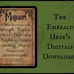 Puede incluir: Una descarga digital para una imagen imprimible de una ilustración botánica de estilo vintage de artemisa. La imagen presenta el nombre "Mugwort" en una fuente decorativa, junto con el texto "Gender- Feminine Planet- Venus Element- Earth" y "Strength - Psychic Powers - Protection - Prophetic Dreams - Healing - Astral Projection" y "ARTEMISIA VULGARIS -SUITABLE FOR- MAGIC OR TEA- ". La imagen está sobre un fondo marrón con un borde decorativo.