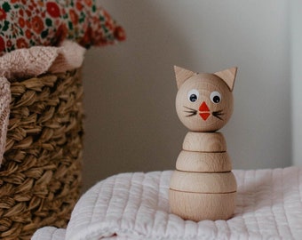 Gato de juguete apilable de madera - Juguetes de madera sostenibles - Eco Gifts Niños - Juguetes tradicionales de madera - Rellenos de medias para niños