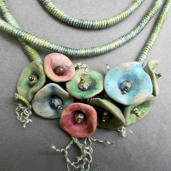 Wrapped silk chain with handcrafted ceramic flowers OOAK