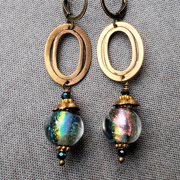 Minimalistic lampwork dichroic beads earrings  OOAK