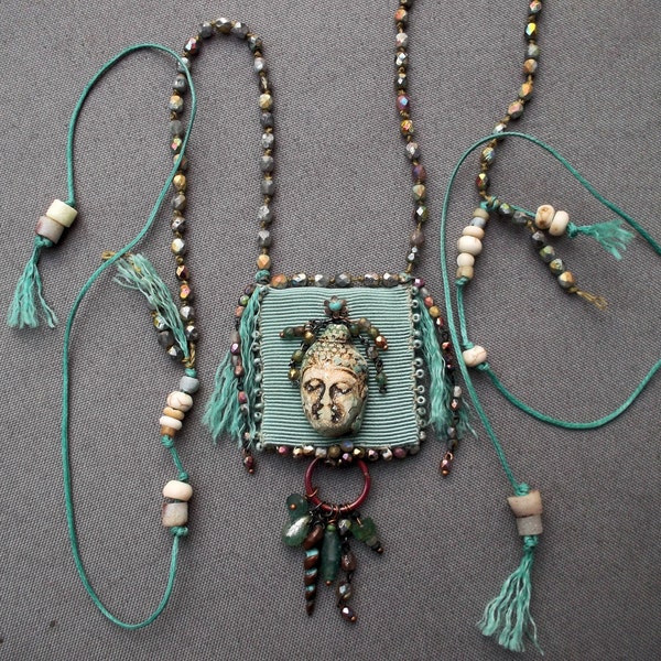 Knotted bead necklace buddha talisman handsewn amulet OOAK