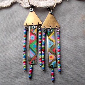 Long colorful tin earrings with beads  OOAK
