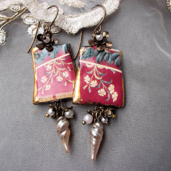 Earrings with handcrafted ceramic pendants, assemblage OOAK