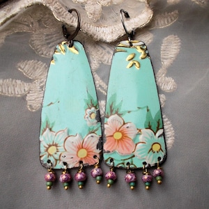 Tin earrings vintage floral tin box  OOAK