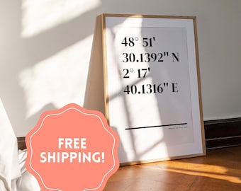 PERSONALIZED poster with gps COORDINATES of a special place A3 FREE shipping!