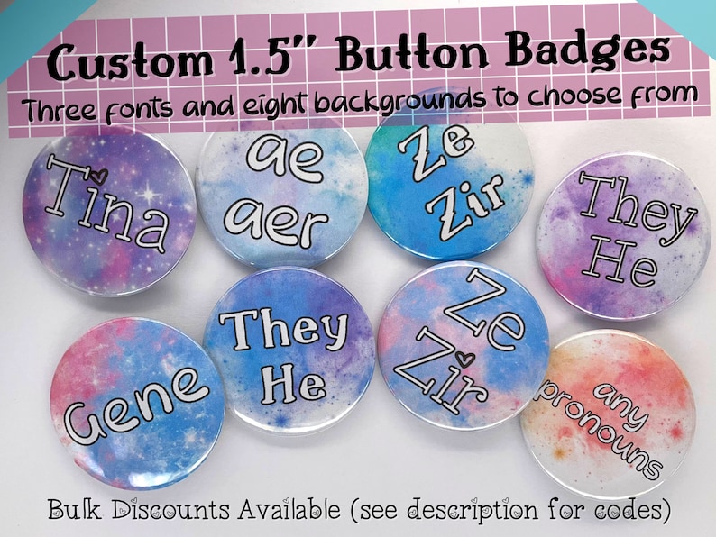 Personalised Pronoun Pin, Name Badge, Pronoun Button, LGBTQIA, Genderqueer, Transgender, Pronouns, Pride image 1