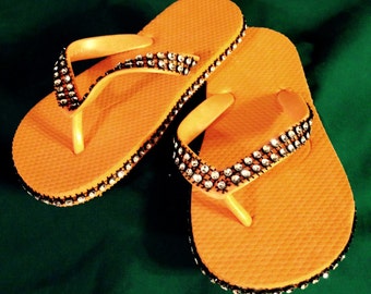 Girls\Womens Orange, Black & Silver Bling Flip Flops