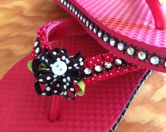 Girls Red Flip Flops With Black\red Polka Dot Ribbons
