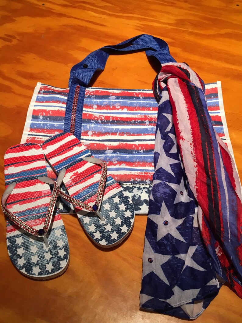 Red White and Blue Flag Set Flip Flops,Tote Bag and matching Scarf