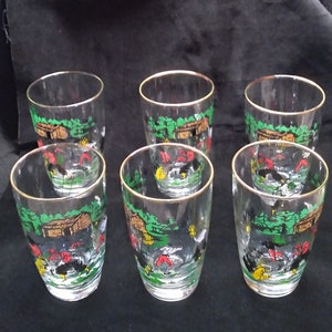 Vintage Set of 6 Gold Rimmed Libbey Treasure Island Pirate Compass Tumblers