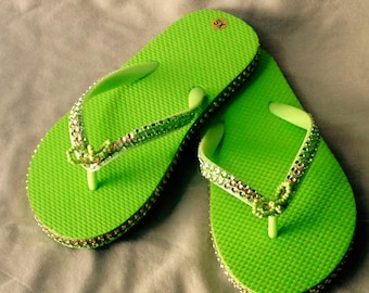 Girls\Teens\Womens Lime Green Flip Flops with Beaded Flower