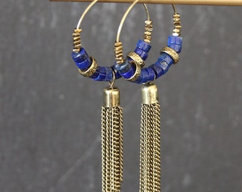 Chic ethnic hoops, Lapiz Lazuli jewelry, small hoops, bohemian hoops, ethnic earrings, pompom earrings