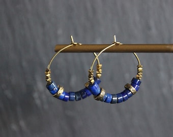 Chic ethnic hoops, Lapiz Lazuli jewelry, small hoops, bohemian hoops, ethnic earrings, natural stone jewelry