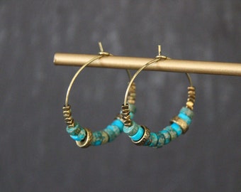 Chic ethnic hoops, turquoise jewelry, small hoops, bohemian hoops, ethnic earrings, turquoise earrings