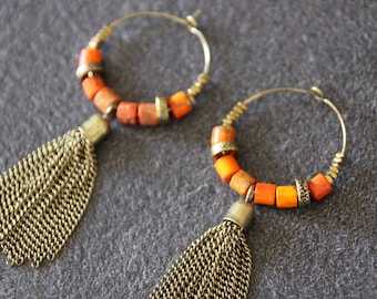 Chic ethnic hoops, colorful jewelry, small hoops, bohemian hoops, ethnic earrings, pompom earrings