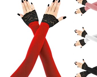 Gants longs rouges noirs, mitaines, mitaines de soirée, gants extra longs, gants d'opéra, gants extensibles rouges avec passepoil en dentelle