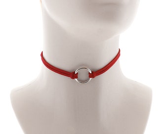red necklace, necklace day collar, colorful string choker, all red string choker, ring choker, vegan leather string with adjustable closure