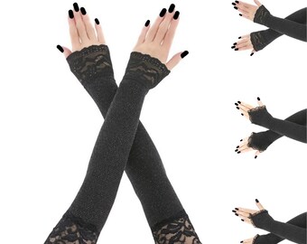 gants noirs, mitaines, mitaines gothiques, gants extra longs, gants de soirée, gants longs tous en lurex noir avec passepoil en dentelle