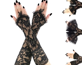 chic long fingerless gloves in all black of lace for a touch in gothic elbow length forearm with finger loop fashion women's for formal