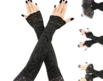 black gloves, fingerless gloves, fingerless opera gloves, extra long gloves, evening gloves, all black gloves with textured and lace piping