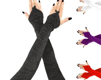 velvet fingerless gloves in all black perfect for opera are extra long and reach up to the bicep arm warmers have a stylish finger loop