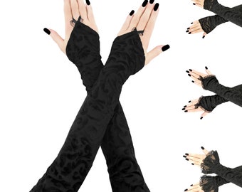 gants noirs, mitaines, mitaines d'opéra, gants extra longs, gants de soirée, gants entièrement noirs texturés et passants pour les doigts