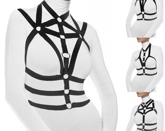 woman fashion chest black harness top bodycage chestcage criss cross stretch strappy tops