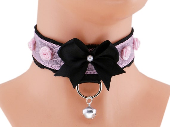 Kitten Pet Play Collar DDLG Baby pink Black Lace Bow Bell Choker Necklace Jewelry pastel Lolita Daddys Girl BDSM Fairy Kei