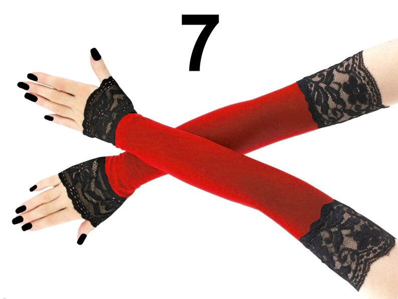 red black extra long fingerless gloves formal evening opera arm warmers no fingers length over the elbow finger loop fashion best