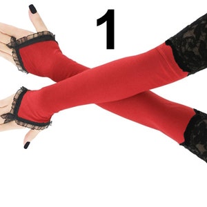 red black extra long fingerless gloves formal evening opera arm warmers no fingers length over the elbow finger loop fashion best