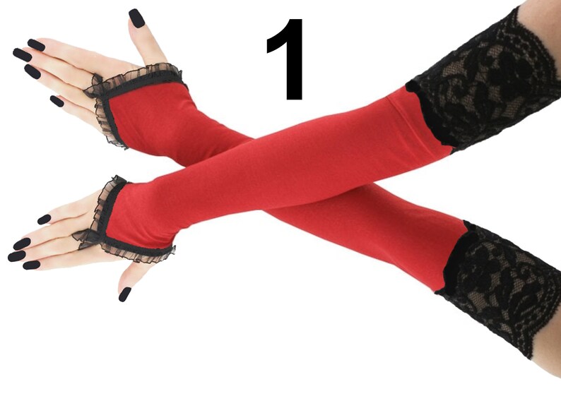 red black extra long fingerless gloves formal evening opera arm warmers no fingers length over the elbow finger loop fashion best