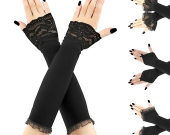 stretchy long fingerless gloves in all black with front piping detail elbow length forearm fashion for formal evenings in gothic style