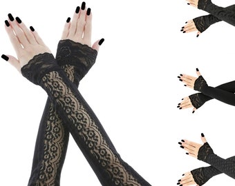extra long fingerless gloves made of stretch fabric and lace in all black they reach up to bicep and feature front piping detail