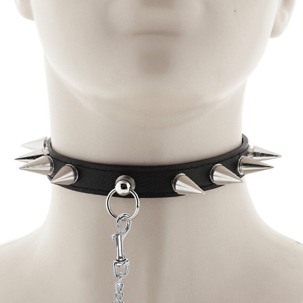 black leather collar, spiked collar, vegan leather collar, sub collar, handing ring collar all black with chain leash and adjustable buckle